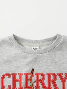 SHEIN Girlism 青少年女孩休闲街头风格宽松超大樱桃字母图案羊毛圆领运动衫和配套慢跑裤针织运动服返校装 - 淺灰色 - 查看 3