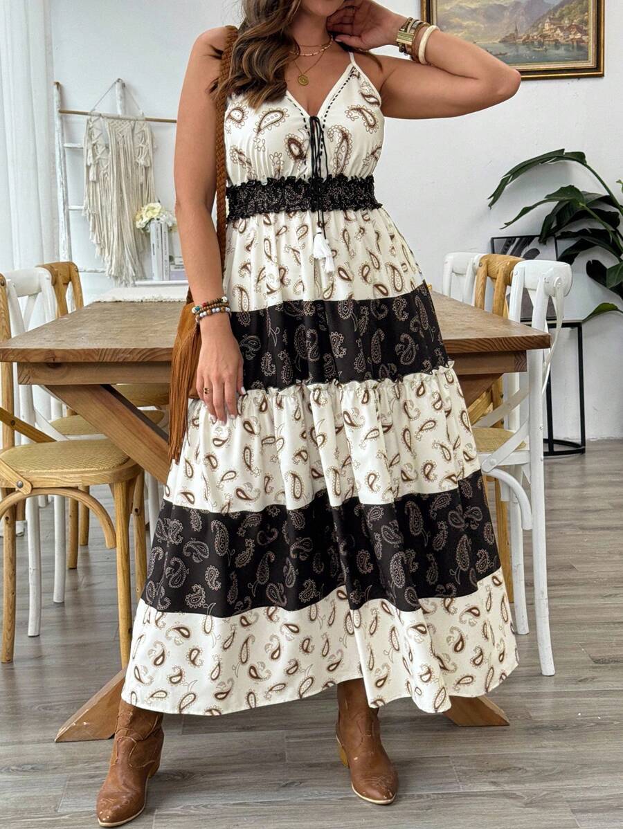 SHEIN Clasi Plus Size Women Vacation Black & White Color Block V-Neck Sleeveless Dress - Multicolor - View 1