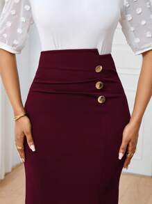 Lunelith SHEIN Lunessa Elegant Solid Color Fitted Pencil Skirt Suitable For Commute Office Skirt - Burgundy - View 5