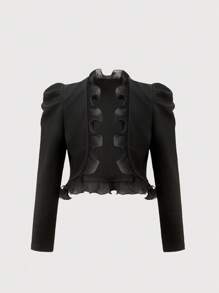 Tween Girl Elegant Solid Color Puff Sleeve Ruffle Trim Jacket Fall Winter - Black - View 2