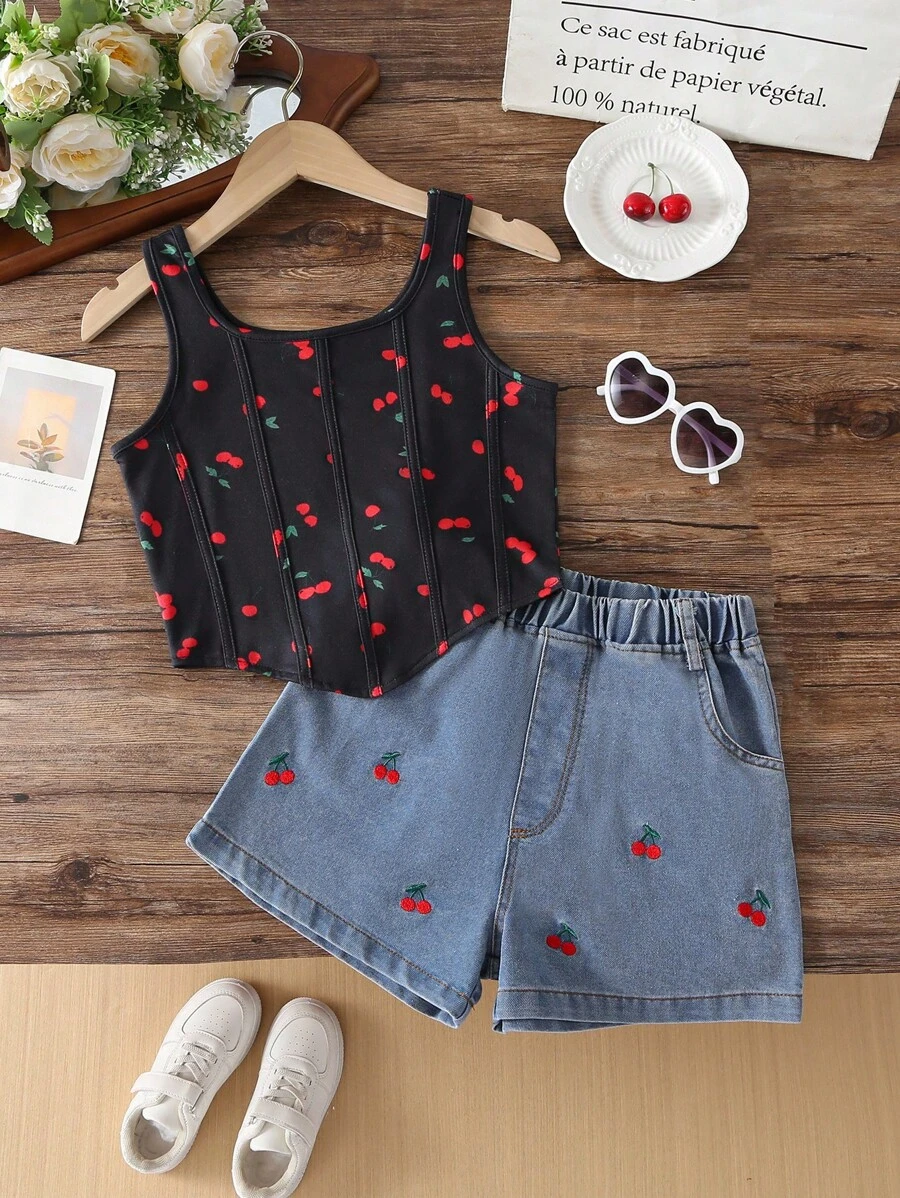 Bộ 2 món áo không tay in họa tiết quả anh đào và quần short thời trang thường ngày cho bé gái tuổi teen - màu đen - Xem 1