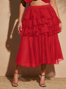 Vixey Plus Size Solid Chiffon Layered Ruffle Skirt,Boho, Festival - Red - View 4