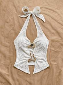 Soleia Nova camisola feminina casual de cor sólida com cadarço e decoração de metal com fenda frontal para resort, uso em camadas no outono/inverno, festa, encontro, dia dos namorados, Páscoa, Carnaval, chá da tarde, passeio na praia, rua da cidade