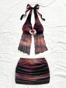 SHEIN x Eduarda Gutierrez Soleia 女士度假复古扎染花卉印花针织网眼吊带蝴蝶结露背前绑带仿花装饰背心和迷你褶皱裙套装，适合派对、约会、下午茶、海滩、狂欢节、夏季服装 - 彩色 - 查看 5