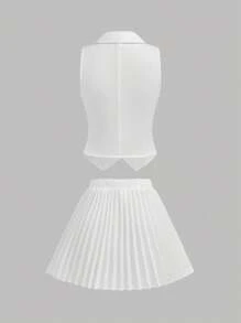 SHEIN 少女优雅通勤简约白色西装外套搭配百褶裙两件套，返校季必备