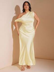 SHEIN BAE Đầm maxi hở lưng không đối xứng một bên vai gợi cảm tối giản màu vàng satin trơn cho nữ, thích hợp cho tiệc tùng, tiệc cocktail, dịp trang trọng, váy phù dâu, váy ngắn sinh nhật - Màu vàng - Xem 3