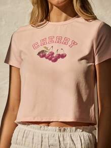 Aralina Áo thun họa tiết Cherry Baby dành cho nữ, hoàn hảo cho mùa hè và mùa thu, đi chơi, hòa nhạc đồng quê và phong cách Stockholm - Hồng - Xem 3