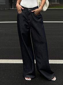 DAZY Quần Jeans Denim Dài Màu Trơn Cạp Cao Cho Nữ Mùa Hè - Màu xanh lam - Xem 3