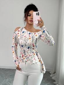 Selianne 全新花卉印花斜领长袖不对称下摆腰部设计度假休闲优雅女士 T 恤 - 彩色 - 查看 6