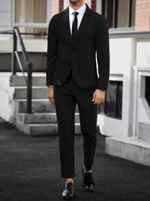 Manfinity Mode 男士纯色拼布前扣长袖夹克和裤子套装，男士纯色宽松翻领西装外套和斜口袋裤子套装男士西装正式男士西装男士正装西装男士婚礼西装 - 黑色 - 查看 6