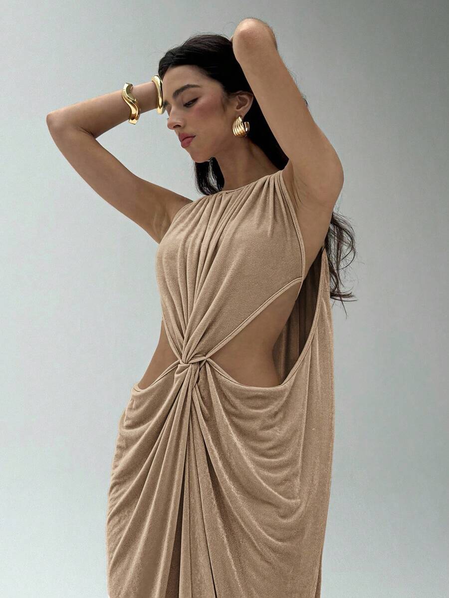Aloruh Váy suông bodycon xẻ tà không tay - Màu Khaki - Xem 1