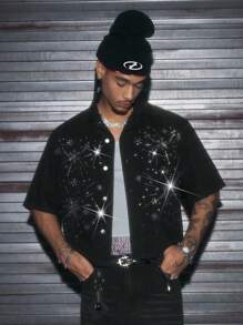 AXEPEAK Men's Fashion Street-Style Rhinestone Button Front Short Sleeve Denim Shirt, Summer - Black - View 2