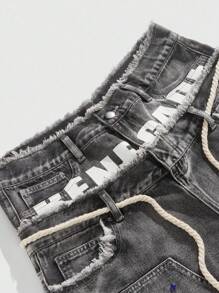 ROMWE MEN Street Life Quần short denim kim cương lấp lánh cạp đôi dáng rộng rãi cho nam - Màu Xám nhạt - Xem 4