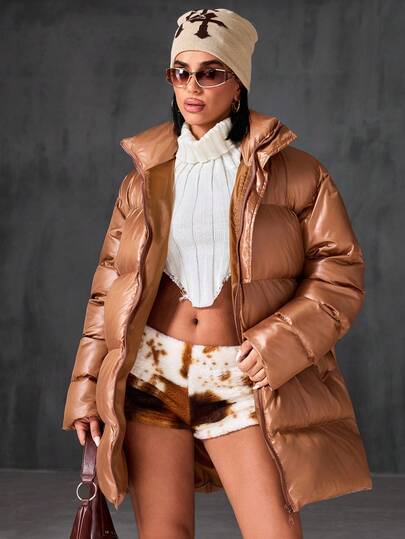 EURMUSE Woman Solid Color Woven Padded Insulated Midi Length High Stand Collar Winter Coat Jcket Autumn Winter