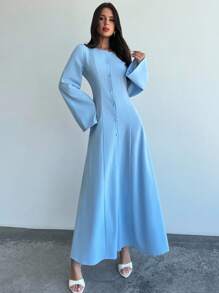 Firerie 女士新款优雅通勤休闲日常旅行假日蓝色长款喇叭袖前开扣 A 字长裙，复古腰部 A 字浪漫连衣裙，适合日常通勤、优雅、波西米亚风、工作装 - 藍色 - 查看 8