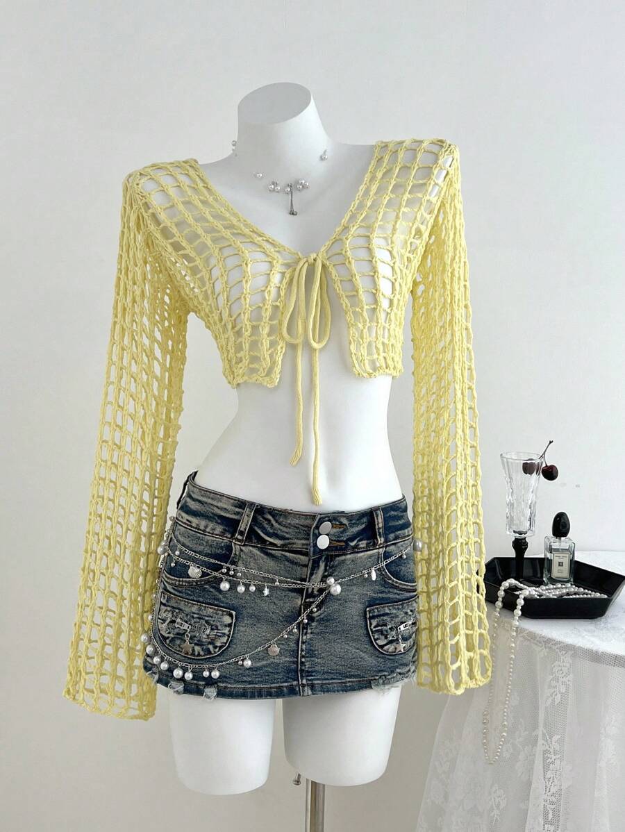 SHEIN Unity Áo len cardigan dài tay khoét lỗ màu trơn cho nữ, đa năng - Màu vàng - Xem 1