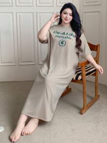 Dazy Plus Plus Size Round Neck Letter Print Loose Straight Nightgown Style Long Tee, For Home Use In Summer Pajama - Apricot - View 6