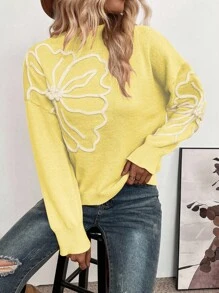 SHEIN Clasi Áo len dệt kim cổ tròn vai rộng họa tiết hoa jacquard dành cho nữ mùa thu đông - Nhiều màu - Xem 4