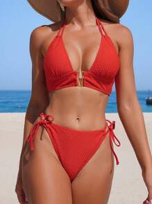 Swim Lushoire 2 pezzi/Set Costume da bagno bikini da donna di colore rosso con collo alto, design con finitura centrale