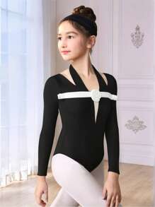 SHEIN Black Ballet Leotard For Tween Girls, Halter Neck Design, White Flower Decor On Front, Elegant & Versatile For All Seasons - Black - View 6
