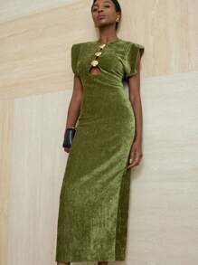 GENKIRA Elegant High-End Exaggerated Shoulder Chenille Waist Cinching Sexy Hollow Asymmetrical Buckle Women's Dress - Green - View 5