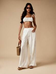 MISSGUIDED Quần ống rộng Palazzo Linen Look có họa tiết Broderie Anglaise ở bên hông, trang phục thường ngày cho kỳ nghỉ hè tại khu nghỉ dưỡng bãi biển - trắng - Xem 3