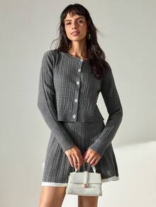 CLARA VERO 女士纽扣前褶裙和可爱开衫两件套 2 件 - 灰色 - 查看 1