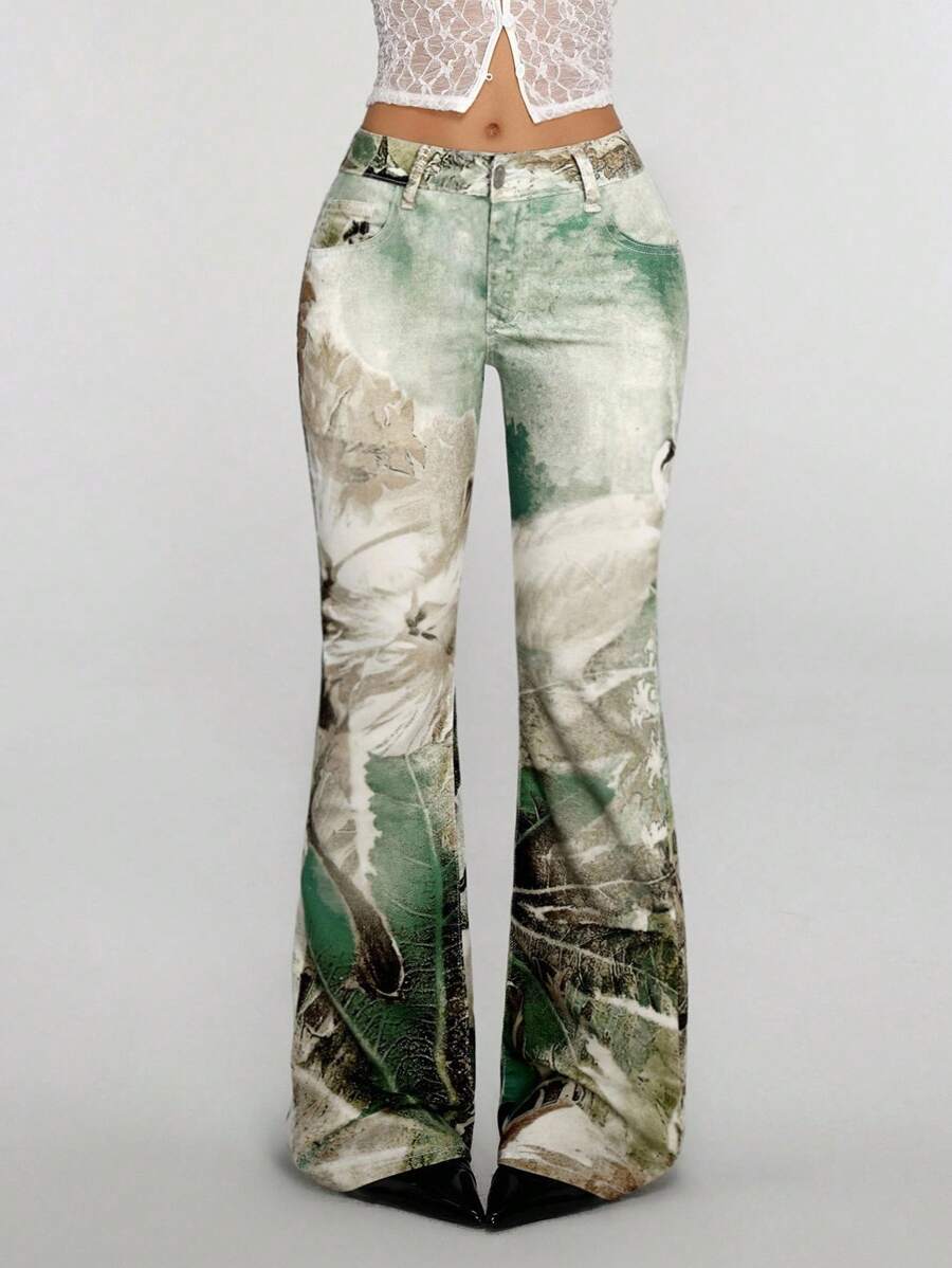 Jeanoix 女式大码时尚休闲数码印花喇叭裤 - 彩色 - 查看 1