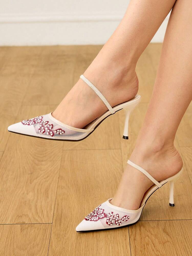 CUCCOO HITCHD Women's Pointed Toe Stilettos With Pearl Decor, Plum Blossom Embroidery, Ankle Strap Sandals, Vacation & Party Style