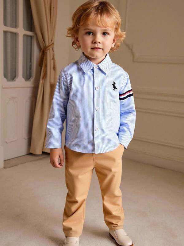 Souflis Souflis Conjunto de 2 piezas para bebé recién nacido niño: Camisa de manga larga con cuello y detalles bordados en las mangas + Pantalones de pierna recta con cintura elástica en color contrastante, traje de estilo casual caballero, para primavera/otoño