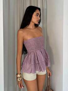 Glamine Textured Wrinkled Fabric Elastic Bandeau Top With Ruffle Hem Ruffle Top Shirred Top Women Ibiza Party Graduation Babydoll Top For Women Women's Vacation Top Daily Simple Top Western Top - Red Violet - View 5