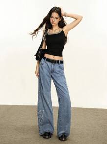 Rina Fox Låg midja, löst utsvängda stretchjeans för kvinnor - Ljustvätt - Visa 7