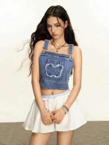 Rina Fox 女式夏季休闲毛边可调节肩带短款牛仔吊带上衣 - 藍色 - 查看 3