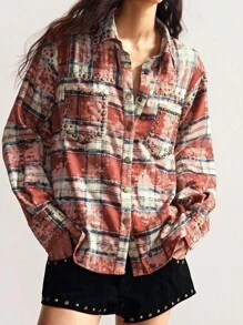 Bohemela Women Summer/Autumn Fall Casual Vacation Woven Plaid Hippie Studded Detail Long Sleeve Loose Fit Shirt, Bohomian Style Vacation, Suitable For Music Festival - Multicolor - View 8