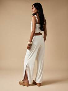 MISSGUIDED Pantalones de pierna ancha de verano con ojales, cintura con lazo, pierna dividida para uso en playa y resort, pantalones palazzo para vacaciones, con lazos laterales, estilo bohemio, informal y cómodo - Blanco - Ver 2