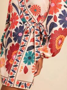 Travachic Women's Casual Floral Print Tie-Front Mini Wrap Dress, Resort Wear,Fall Women Clothes,Fall Clothes,Wrap Dress,Vacation,Homecoming Dress - Apricot - View 7