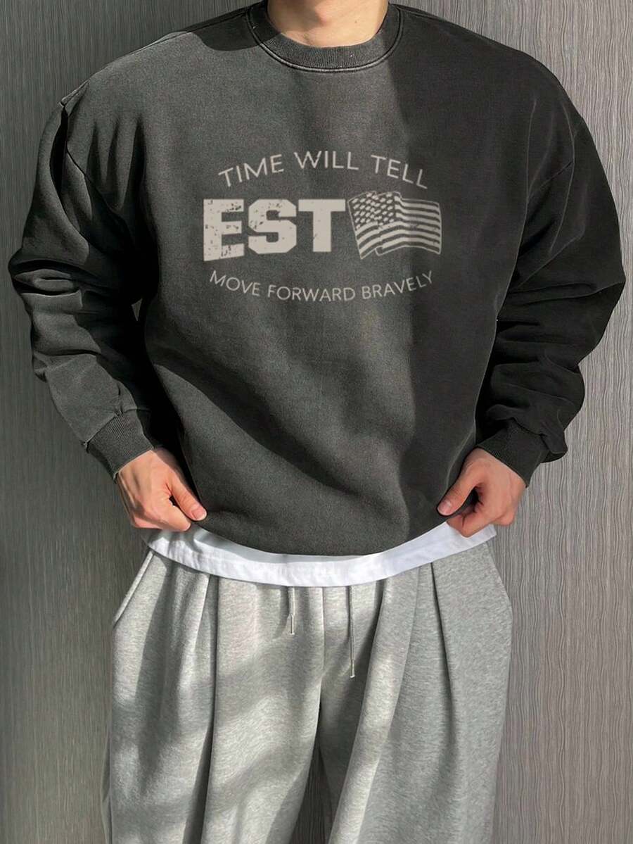 DAZY 男士灰色字母与美国国旗印花套头圆领运动衫，秋季 - 灰色 - 查看 1