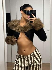SHEIN ICON 性感人造毛領拼接長袖修身短版夾克 毛飾短上衣 秋季夜店外訪黑色 - 黑色 - 查看 4