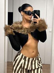 SHEIN ICON 性感人造毛領拼接長袖修身短版夾克 毛飾短上衣 秋季夜店外訪黑色 - 黑色 - 查看 5