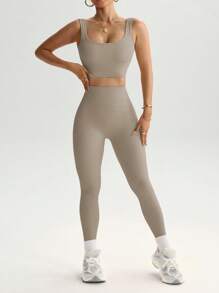 Slayform 2pcs Seamless High Stretch Yoga Set Tracksuit Gym Set Ribbed Tank Top Tummy Control Leggings Workout Women Set Gym Women Outfit - Khaki - View 6