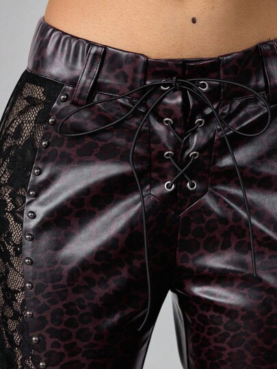 J-Fashion Leggings ajustados de mujer con estampado de leopardo vintage Y2K en PU y encaje en contraste