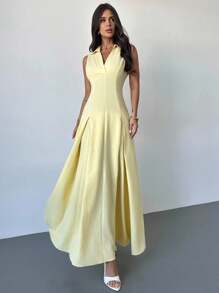 Firerie 女士优雅休闲日常通勤海滩度假 V 领收腰 A 字形伞裙，黄色无袖连衣裙 - 黃色 - 查看 5