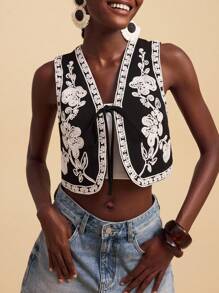 Travachic 女式梭织无袖修身花卉印花背心夹克，非常适合度假、秋季女士、秋季、复活节、假日、女士海滩、女士度假、音乐会女士、波西米亚风、波西米亚风、音乐节、热带度假女士、浪漫、秋季、冬季、圣诞节、女士外出上衣、外出上衣、休闲、可爱 - 黑色 - 查看 5