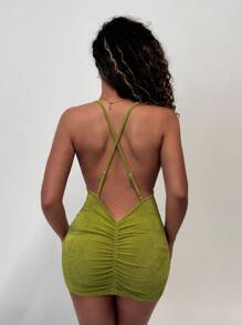 Amplova 女式纯色简约交叉迷你连衣裙 - 綠色 - 查看 4