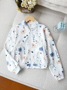 SHEIN Tween 女童休闲花卉印花针织拉链棒球夹克，秋冬时尚外套