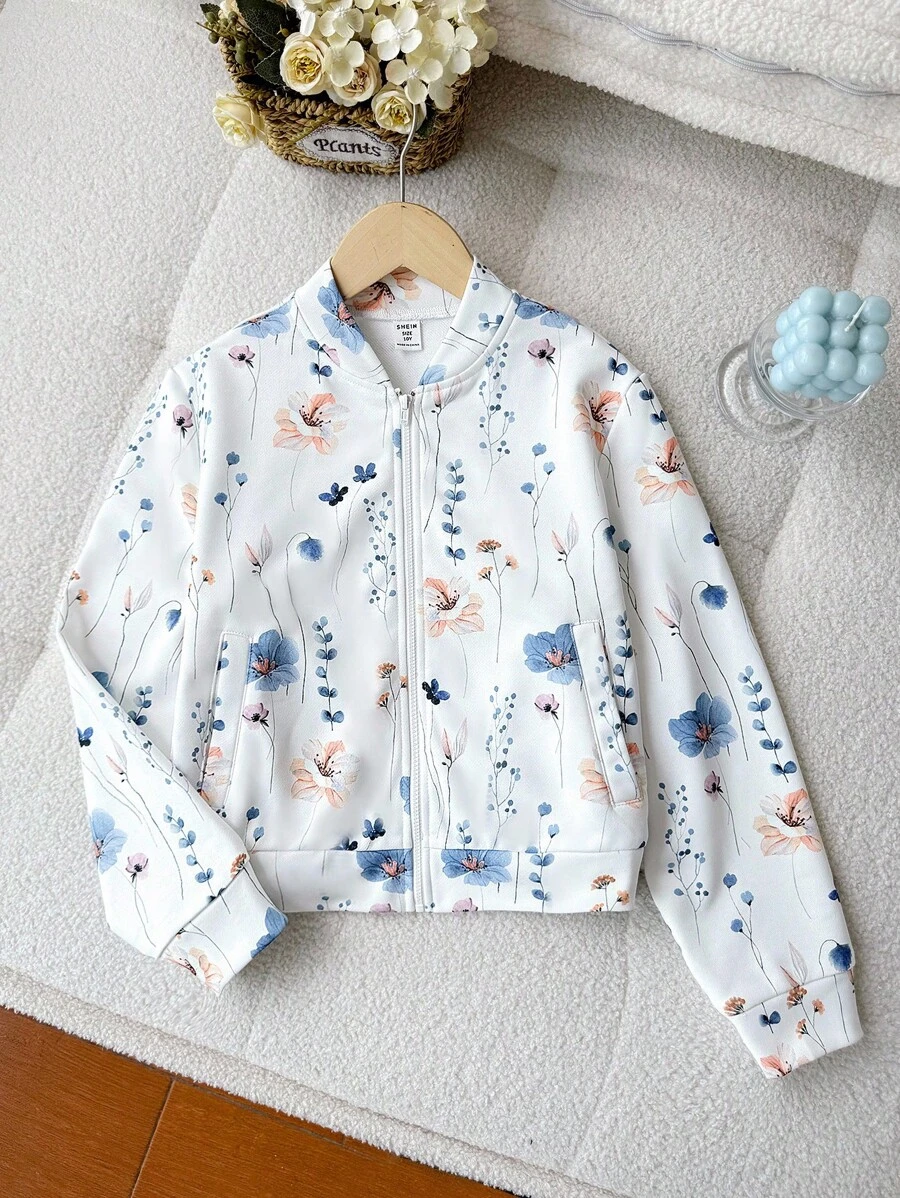 SHEIN Tween 女童休闲花卉印花针织拉链棒球夹克，秋冬时尚外套