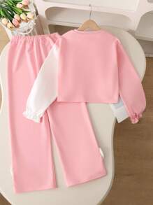 SHEIN Tween Girls Casual Contrasting Color Drop Shoulder Loose Butterfly Decoration Ruffle Sleeve Cropped Pullover Hoodie And Wide Leg Pants Set, Spring/Autumn - White - View 2