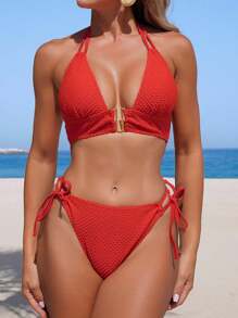 Swim Lushoire 2 pezzi/Set Costume da bagno bikini da donna di colore rosso con collo alto, design con finitura centrale