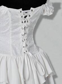 SHEIN ICON 女式白色褶皱提花褶饰腰部面板荷叶边露肩多层荷叶边下摆 A 字形雪纺迷你连衣裙，优雅适合派对和年轻女孩 - 白色 - 查看 6