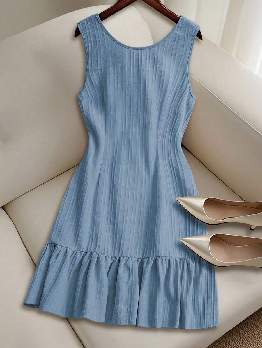 SHEIN Clasi Women's Summer Woven Backless Tie Front Sleeveless A-Line Ruffle Hem Mini Casual Dress - Blue - View 1